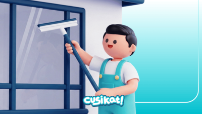 animasi kartun cusikat membersihkan jendela.