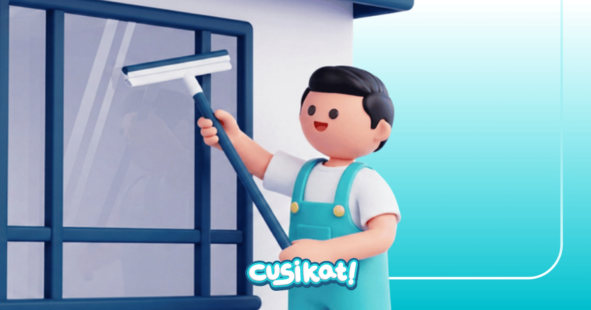 animasi kartun cusikat membersihkan jendela.